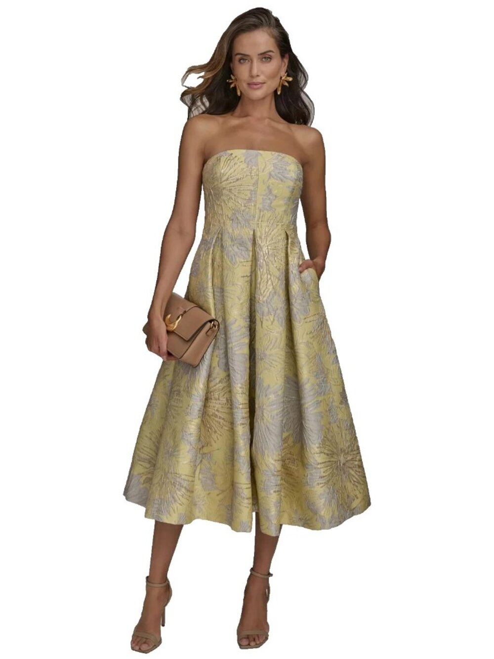 Donna Karan New York Yellow Strapless Jacquard Fit & Flare Dress